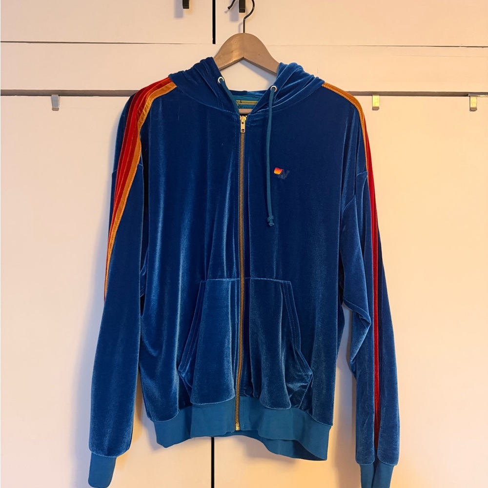 NWOT Aviator Nation Blue Velour Zip Hoodie with Rainbow Stripes - Size L